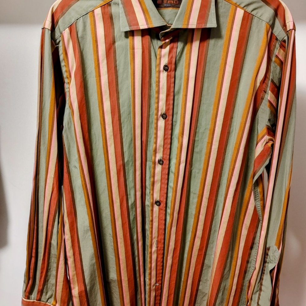 Etro Green and Red Casual Button Down Shirt with Striped Pattern